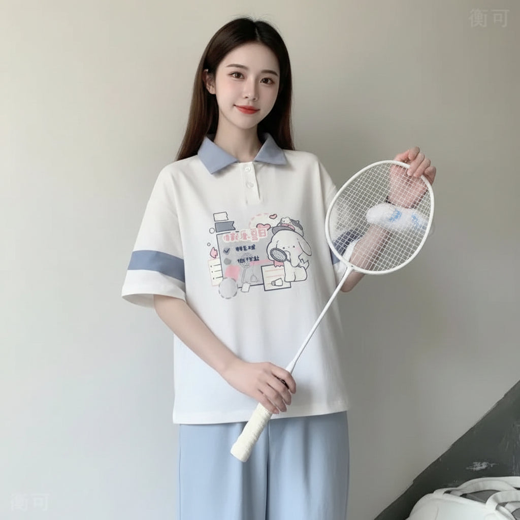 Japanese Academy Style Polo Shirt Cartoon Print Loose Short - Vusy Kawaii Shop