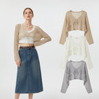 Crochet Crop Cardigan Women Long Sleeve Lace-Up Tie Front - Vusy Kawaii Shop