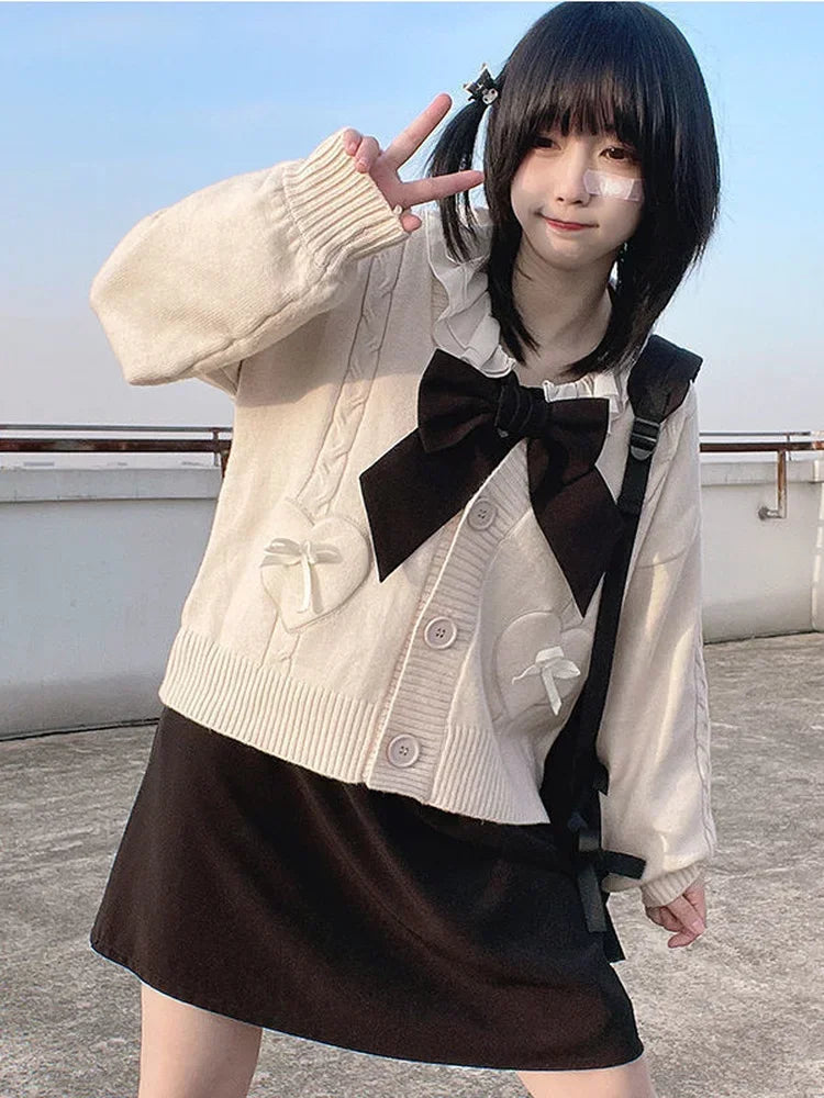 Japanese Kawaii Knitted Cardigan Women Heart Bow Pockets - Vusy Kawaii Shop