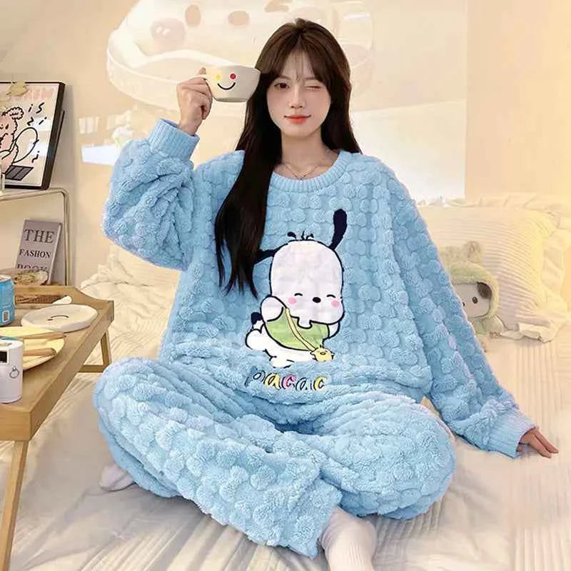 Anime Sanrios Pajamas Set Kawaii Cinnamoroll Cartoon Pajamas Coral Velvet Autumn Winter Warm Nightgown Cute Student Home Clothes