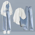 Summer Fall Fashion Striped Shirt and Vest and Jeans Suit