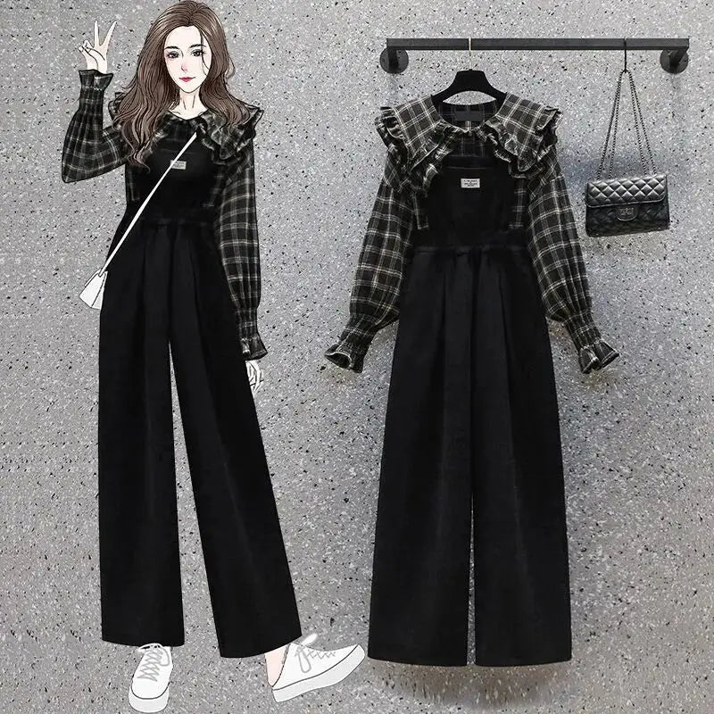 Retro Plaid Shirt Overall Pants 2-Piece Set - Vusy Kawaii Shop