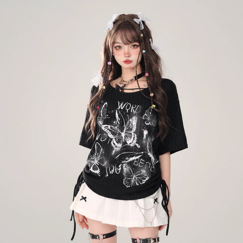 Butterfly Secret Realm Black Short Sleeved T-Shirt Loose - Vusy Kawaii Shop