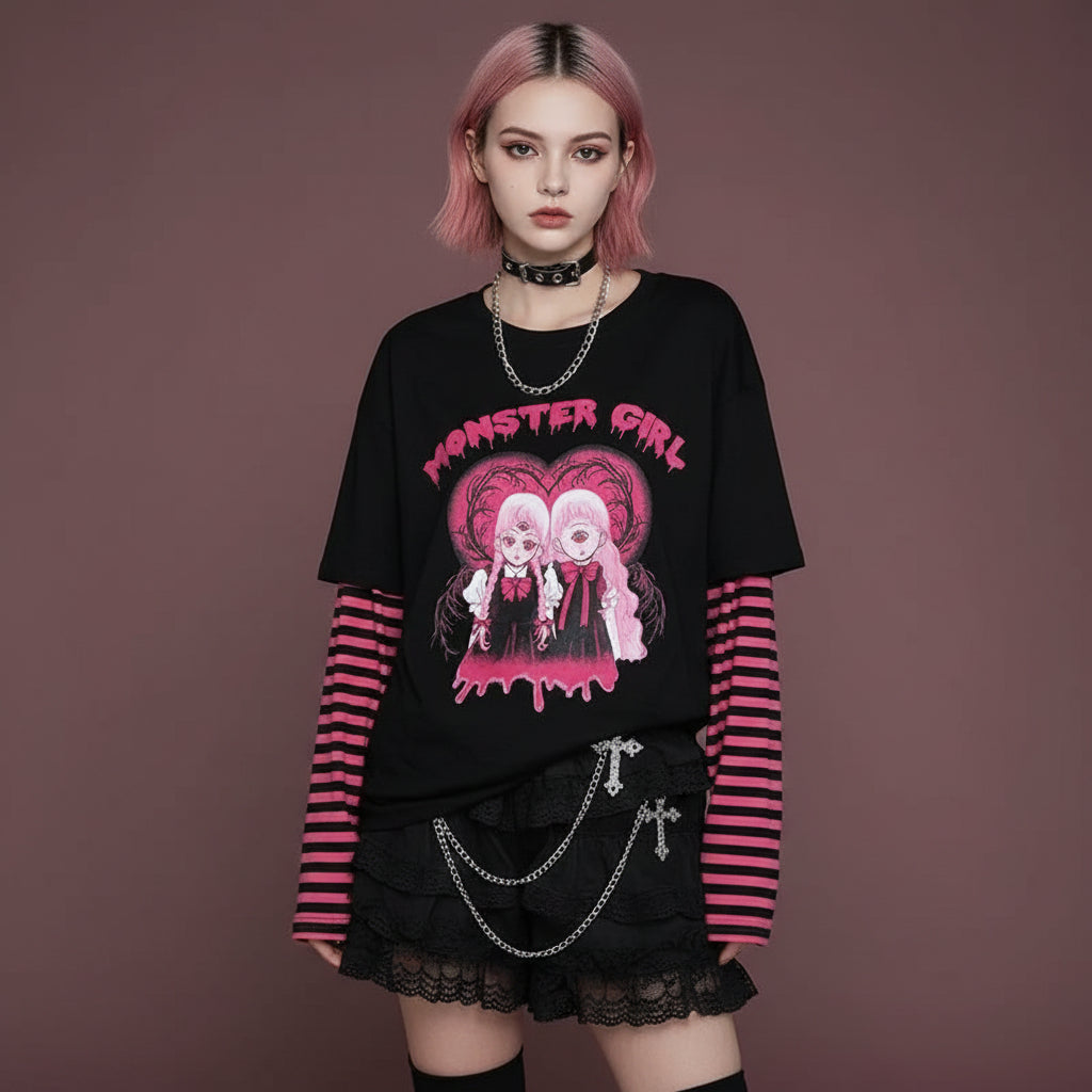 Harajuku T-Shirt Women Japanese Horror Comics Twins Print - Vusy Kawaii Shop