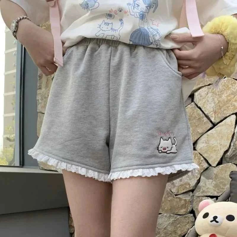 Japanese Cartoon Cat Embroidery Lotus Leaf Edge Shorts