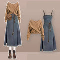 Autumn-Winter Vintage Two-Piece Set Knit Sweater Denim