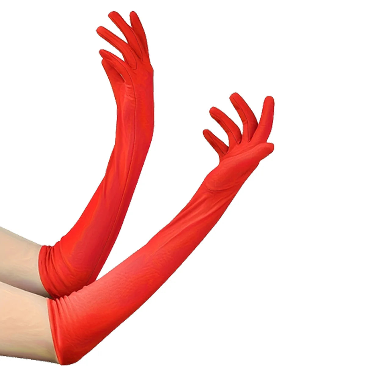 Pair of long red satin devil gloves for Halloween costume