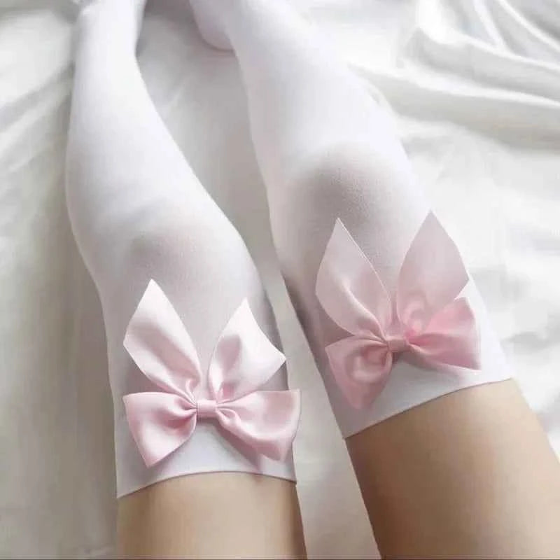 Big Pink Bowknot Lovely Thigh High Knee Sexy Stockings Girls Sweet Lace Over Knee Stockings Ladies Sexy Lingerie Stockings