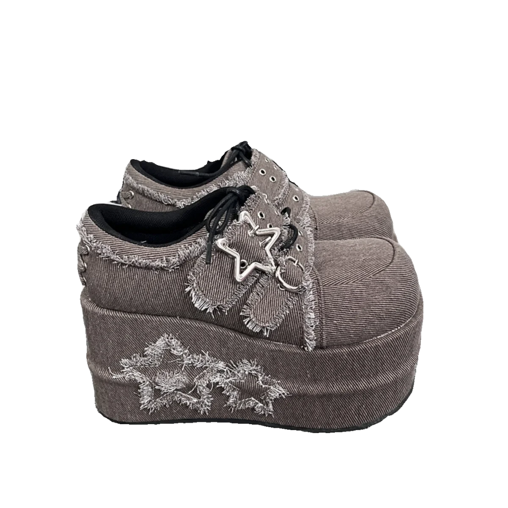 GURURU Original Star Denim Subculture Spicy Girl Thick Sole Shoes Lorita PU Round Head Fashion Street Girl Shoes