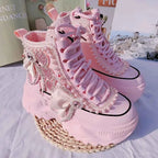 Lolita's Original Thick Soled Boots Women's Pink High Rise Short Boots Sweet Diamond Inlaid Fairy New High Top Single Shoes