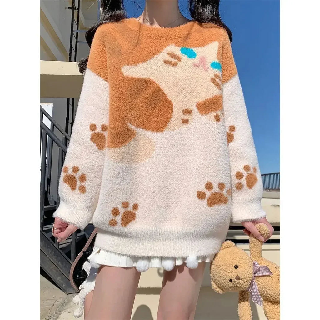 Kawaii Japanese Orange Cat Sweater Cute Cat Claw Round Neck - Vusy Kawaii Shop