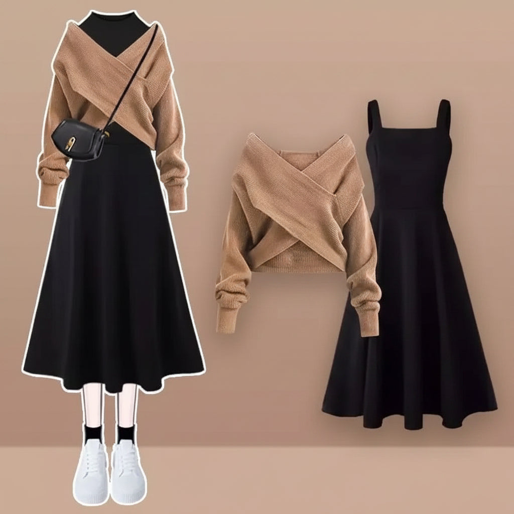 Korean Autumn-Winter Fashion Set Cross Sweater, Shirt Set - Vusy Kawaii Shop