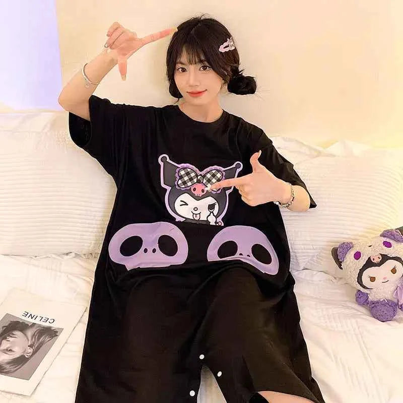 Sanrios Cute Pajamas Kuromi Summer Kawaii Nightgown New Style Student Fashion Thin Loose Comfort Casual Cartoon Home Clothes