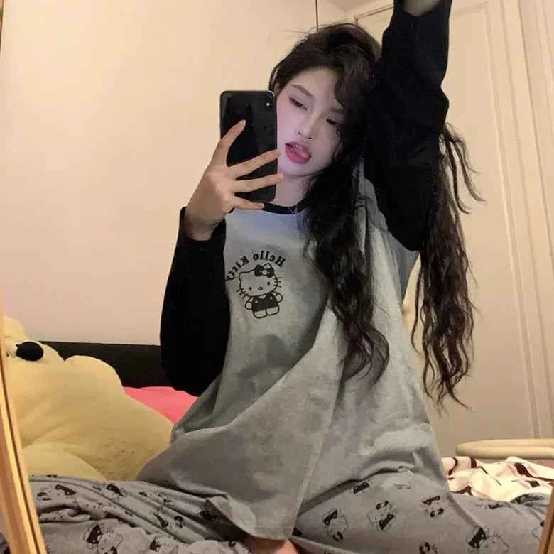 Kawaii Kuromi Long Sleeve Pajamas Set Women Anime Sanrioed Autumn Pajamas Pants Two Piece Comfort Soft Home Wear Outgoing Girls