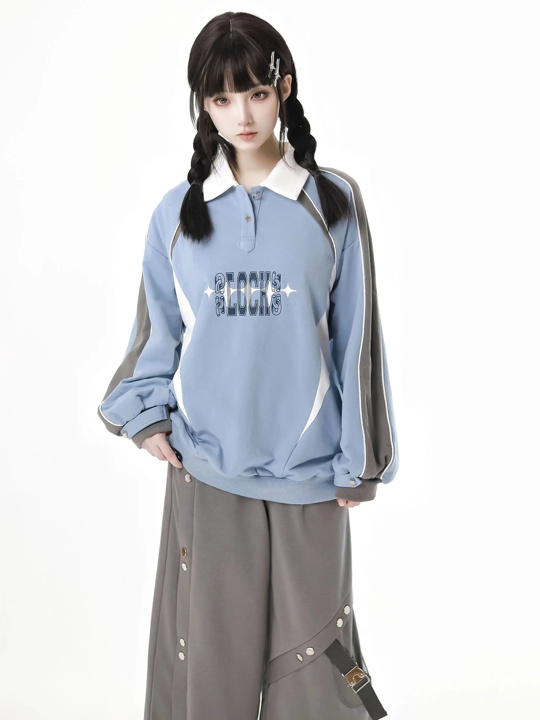 Blue and Grey Splicing Academy Style Hoodie Set Tracksuit - Vusy Kawaii Shop