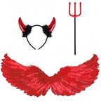 Red devil costume accessories set with feather wings, horn headband, trident and red gloves