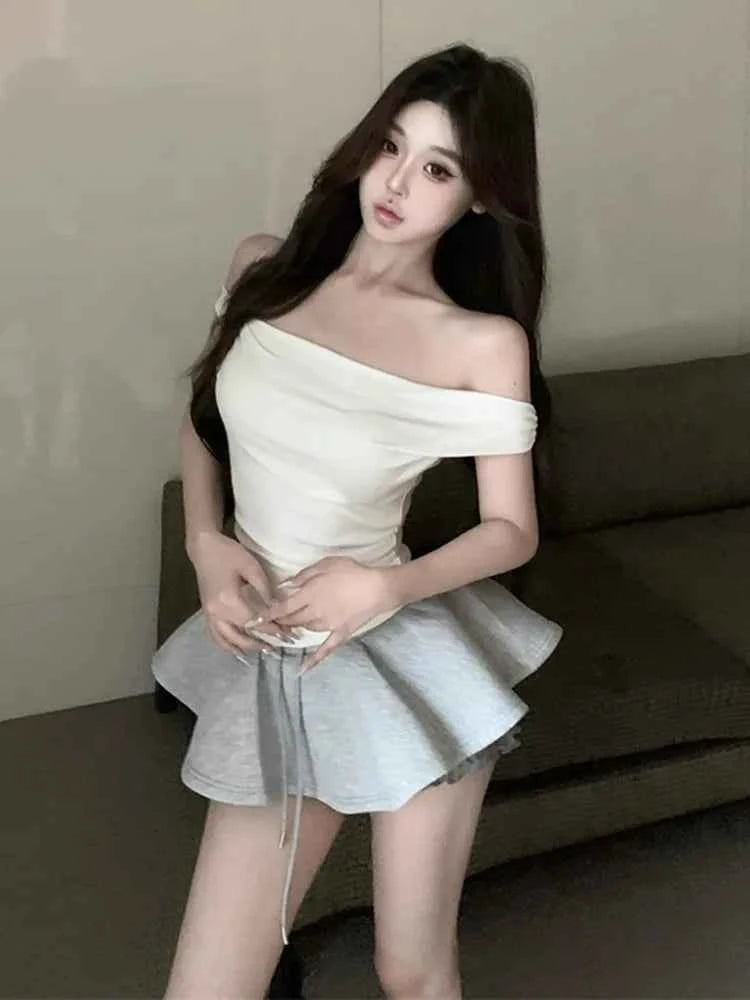 Solid Spliced Lace up Slimming Mini Skirts High Waist