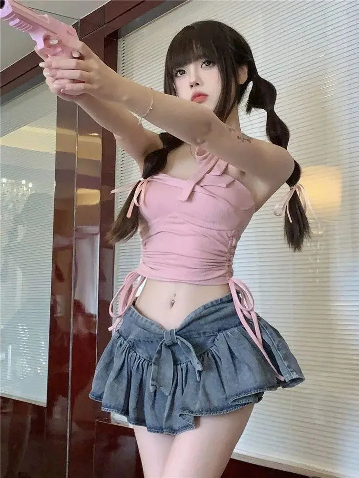 Sexy Slim Fit Drawstring Ruched Strapless Vest and Low-waist - Vusy Kawaii Shop