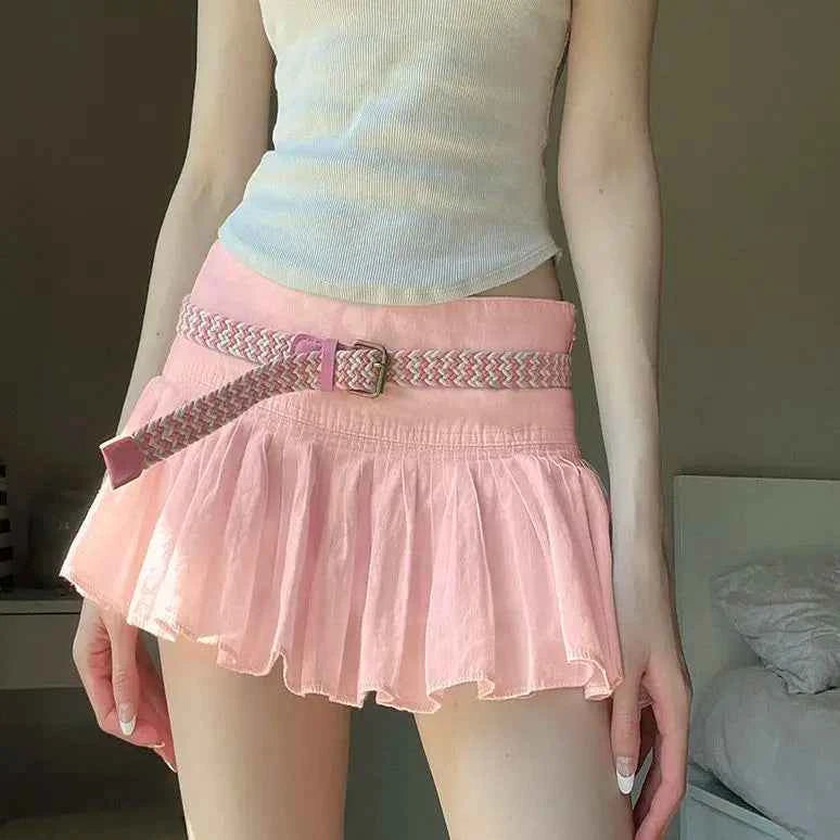 Pink Low Waist A- Line Skirt Pleated Skirt for Summer