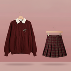 Korean Winter Red Sweater, White Shirt Plaid Pleated Skirt