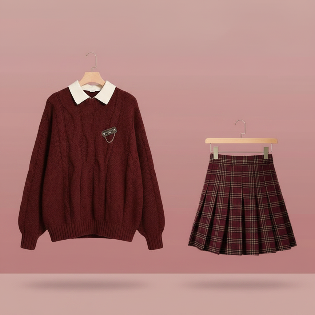 Korean Winter Red Sweater, White Shirt Plaid Pleated Skirt