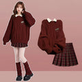 Korean Winter Red Sweater, White Shirt Plaid Pleated Skirt
