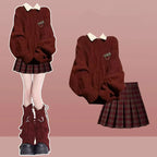 Korean Winter Red Sweater, White Shirt Plaid Pleated Skirt - Vusy Kawaii Shop