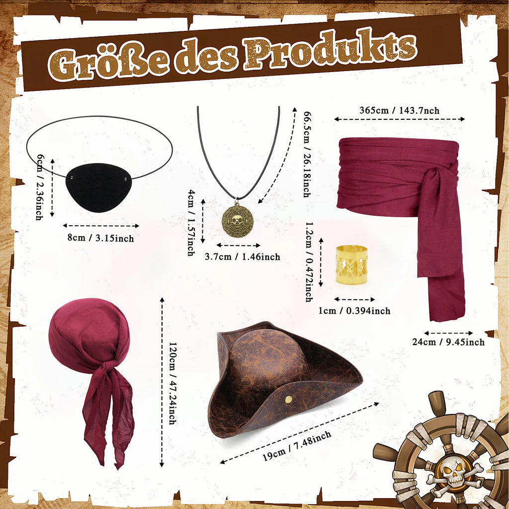 Pirate costume accessories size chart with measurements