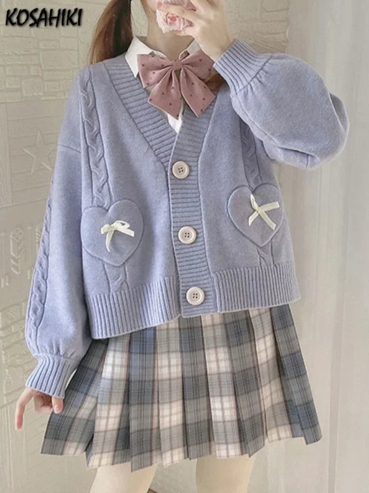 Japanese Kawaii Knitted Cardigan Women Heart Bow Pockets - Vusy Kawaii Shop