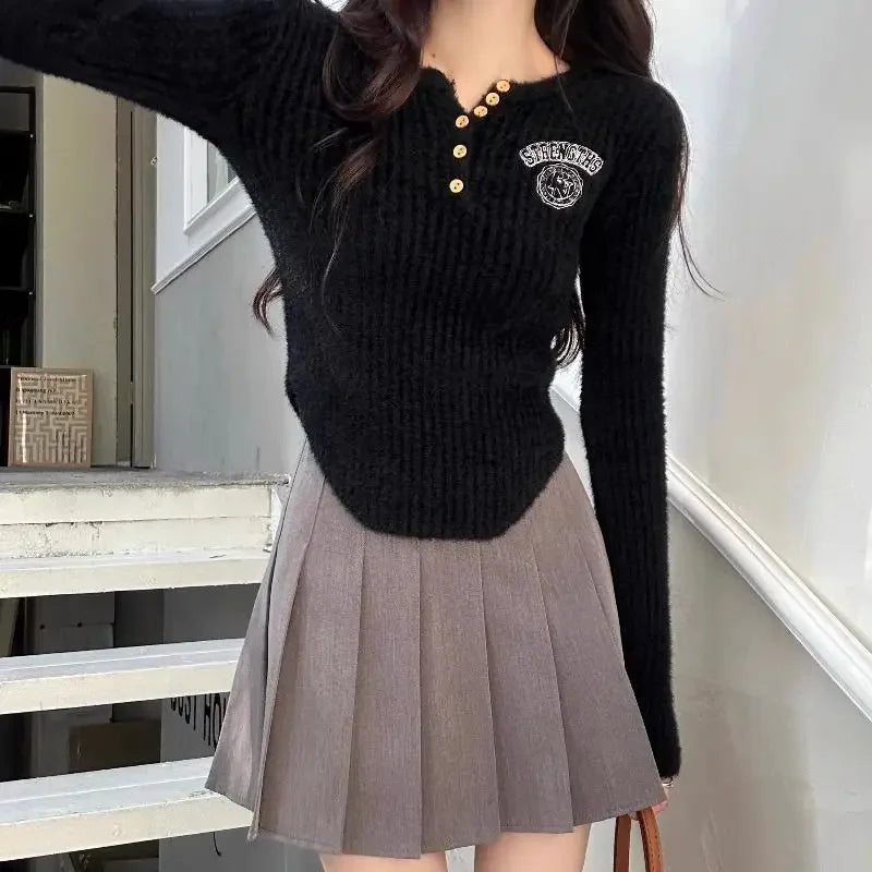 Mink Fur Soft Glutinous Embroidery V-Neck Knitted Sweater - Vusy Kawaii Shop