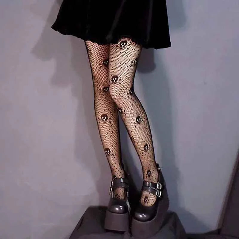 New Goth Lolita Cosplay JK Girls Tights Women Sexy Retro Gothic Kawaii Cross Print Club Stockings Nylon Socks Fishnet Pantyhose