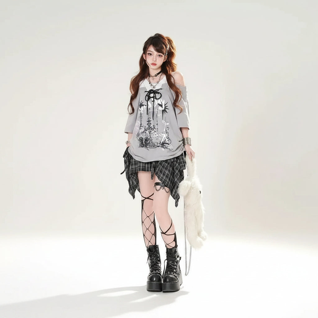 Fake Two Piece Spliced Graffiti Printed Short Sleeve - Vusy Kawaii Shop