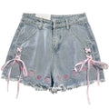 Japanische süße hohe Taille bestickte Denim-Shorts mit Schleife