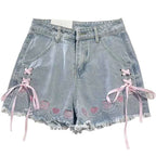 Japanese Sweet High Waist Embroidery Tied Bow Denim Shorts