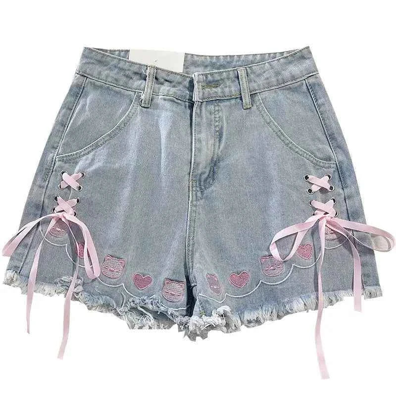Japanese Sweet High Waist Embroidery Tied Bow Denim Shorts