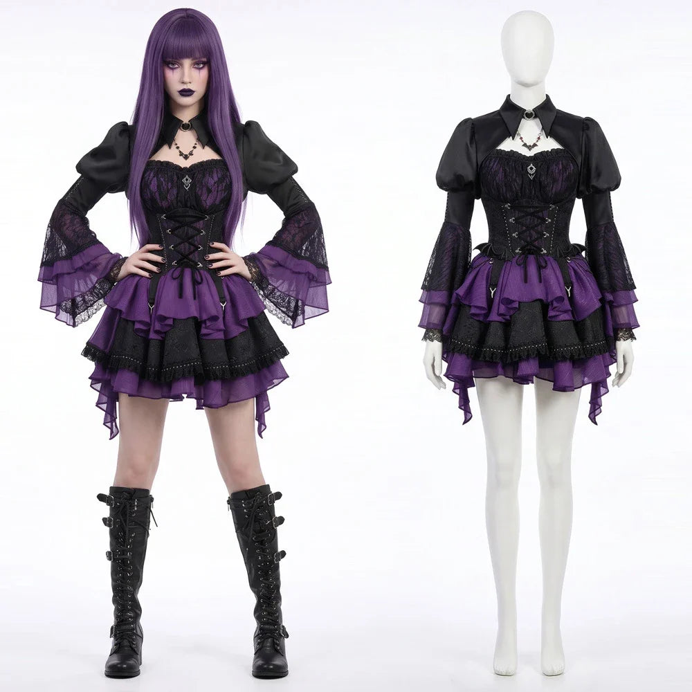 Purple gothic vampire lolita dress set with corset lace up front, front view
