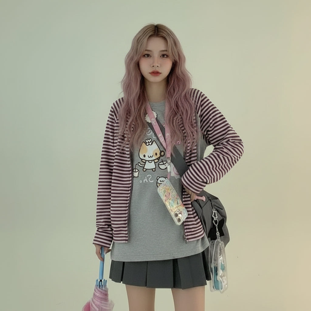 Gray Pink Striped Print Raglan Sleeve O-Neck Long Sleeve - Vusy Kawaii Shop