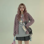 Gray Pink Striped Print Raglan Sleeve O-Neck Long Sleeve - Vusy Kawaii Shop