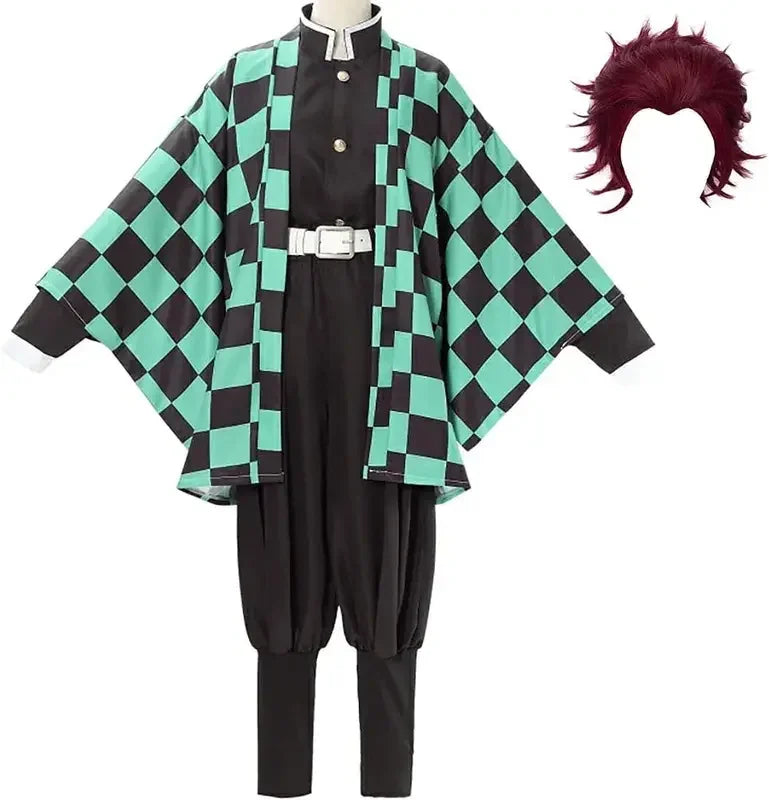 Tanjiro Kamado Demon Slayer checkered haori cosplay with wig, front view