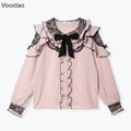 Japanese Gothic Lolita Shirt Women Aesthetic Sweet Bow Lace