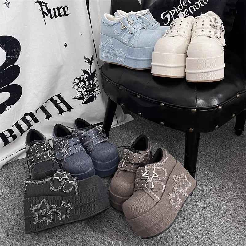 GURURU Original Star Denim Subculture Spicy Girl Thick Sole Shoes Lorita PU Round Head Fashion Street Girl Shoes