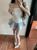 Solid Spliced Lace up Slimming Mini Skirts High Waist