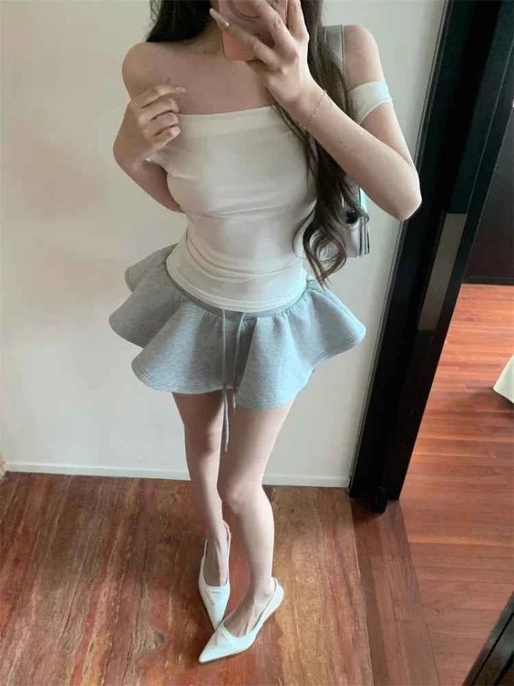 Solid Spliced Lace up Slimming Mini Skirts High Waist