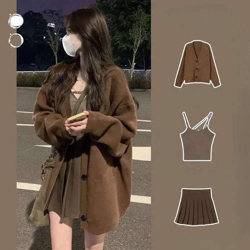 Women Suit Autumn V Neck Single Breasted Long Sleeve Knitted - Vusy Kawaii Shop