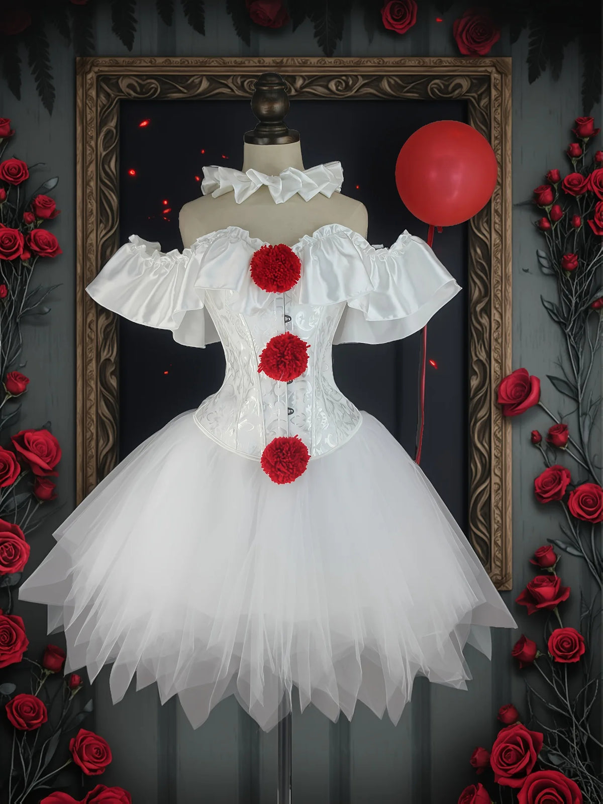 White creepy clown corset costume on mannequin, red pom poms, tulle skirt, front view
