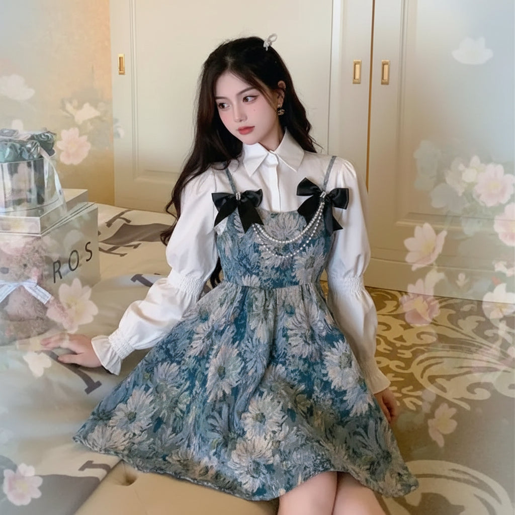Lolita Style Sweet Blouse and Mini Sling Dress Two Piece Set - Vusy Kawaii Shop