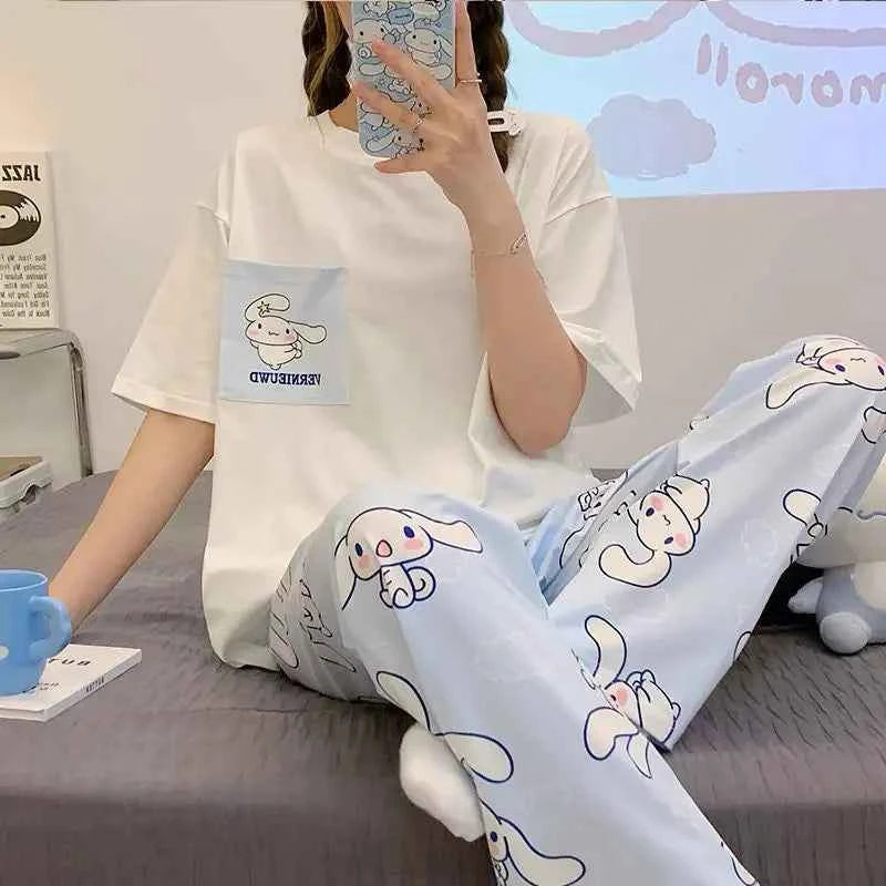 Sanrios Pochacco Pajamas for Women Pure Cotton Summer Short-Sleeved Trousers Kawaii Cinnamoroll Home Clothes Suit Girl Sleepwear