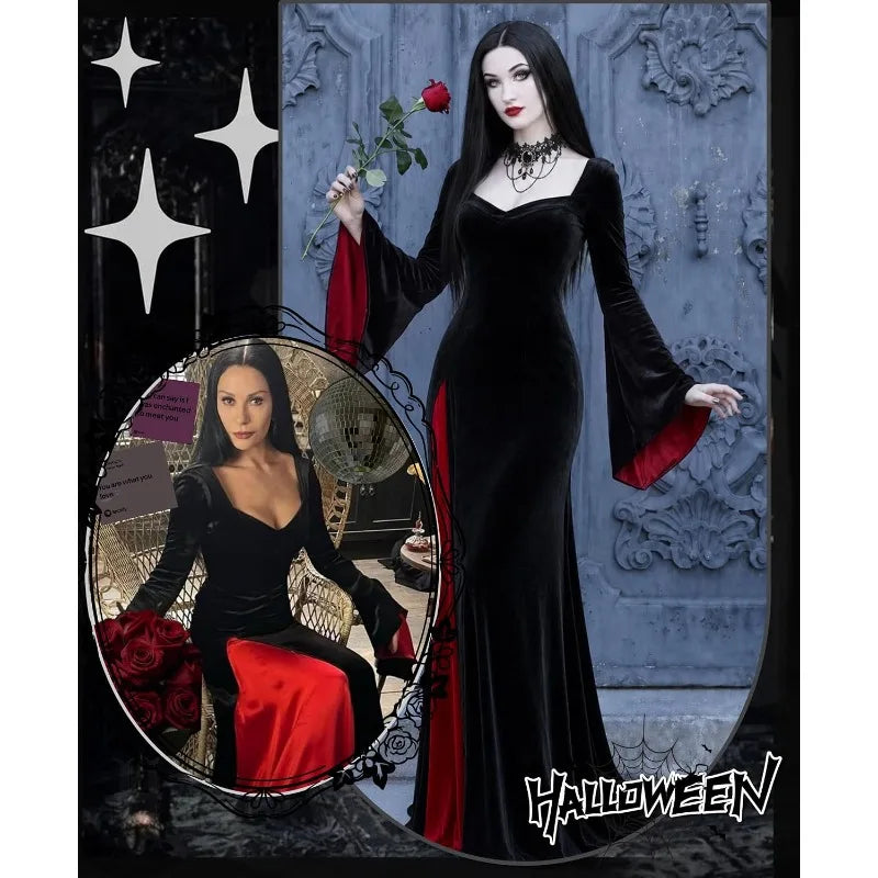 Morticia Addams black velvet gown with rose on model, front view
