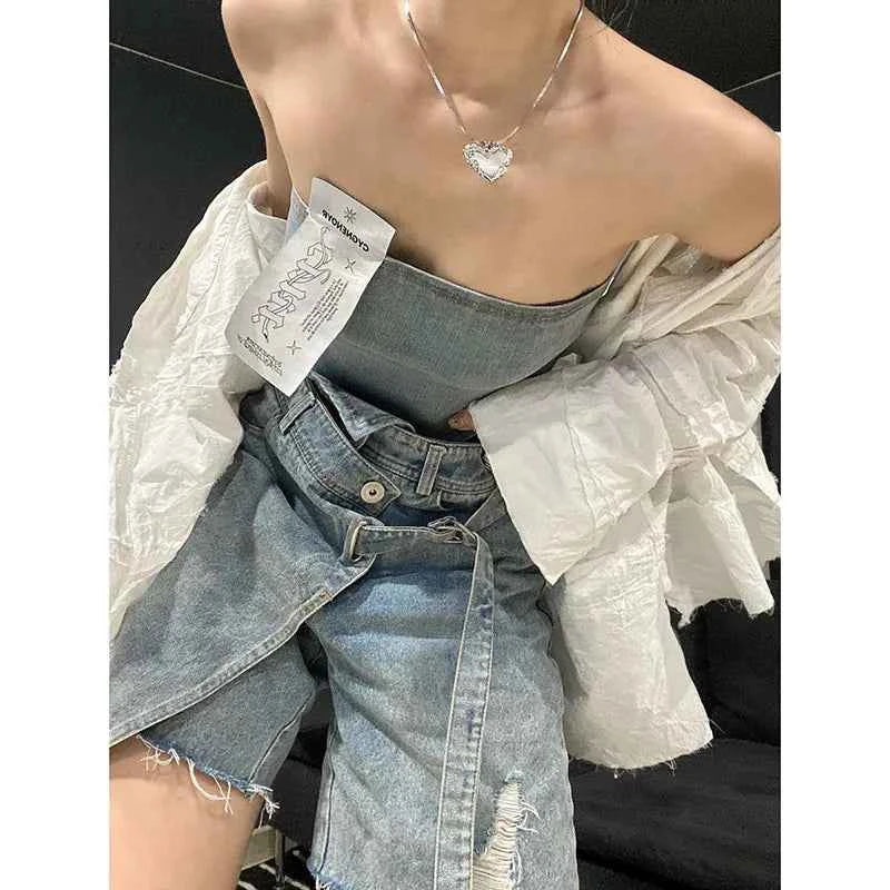 Blue Women's Straight Jean Shorts High Waist Chic Design America Street Summer Vintage Hot Pants Denim Wide Leg Super Shorts