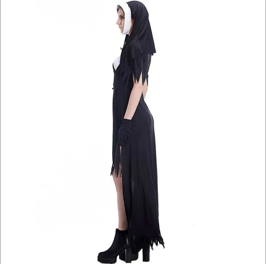 Zombie nun costume on model, side view showing torn veil and long skirt